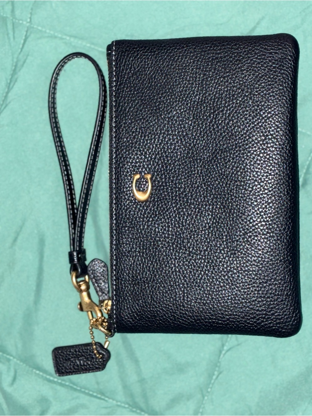 Coach Black Pebbled Leather Wristlet Phone Case with Gold Hardware